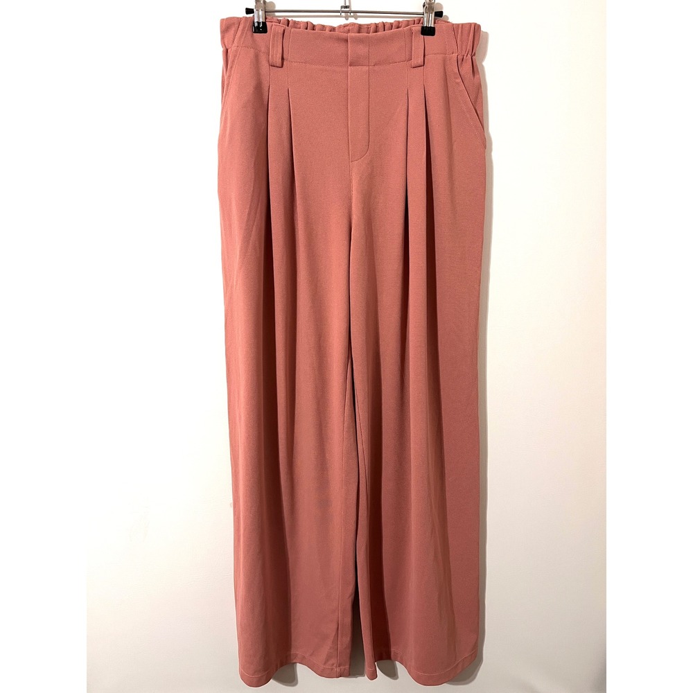 HALARA Rose Tan Wide Leg Trousers Excellent Waffle Knit Pleated Tall L